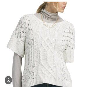Prana Cable Knit Short Sleeve Whit Sweater Womens Sz Large  Round Neck Open Knit
